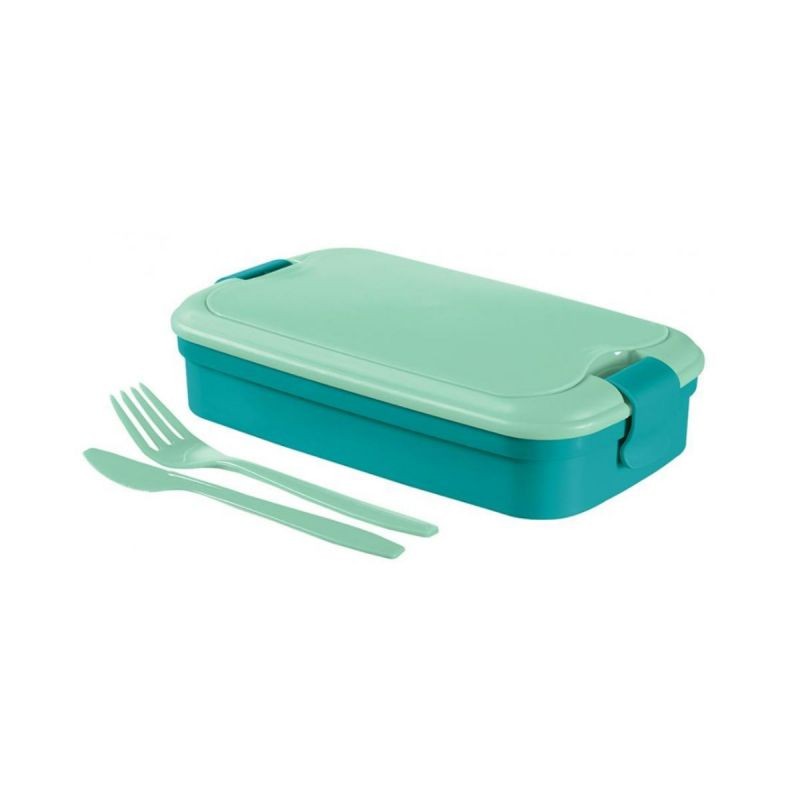 Set caserola  pentru picnic/masa de pranz din plastic Lunch&Go 1,3L albastru turcoaz 13x23x7 cm si tacamuri incluse