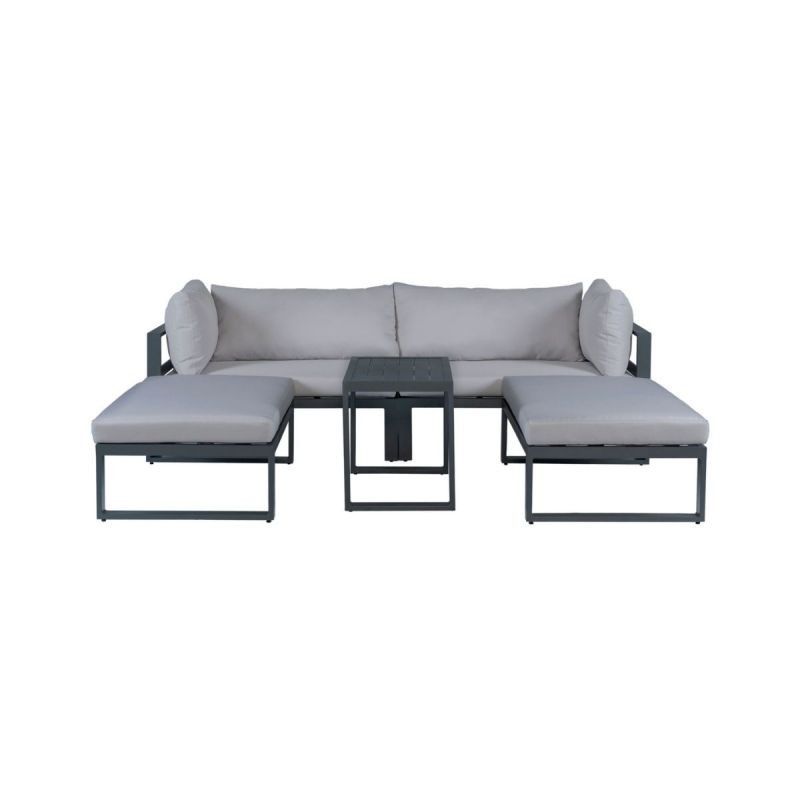 Set pentru terasa Santorini compus din canapea, 2 x otoman si masuta din aluminiu , cu perne textile, gri