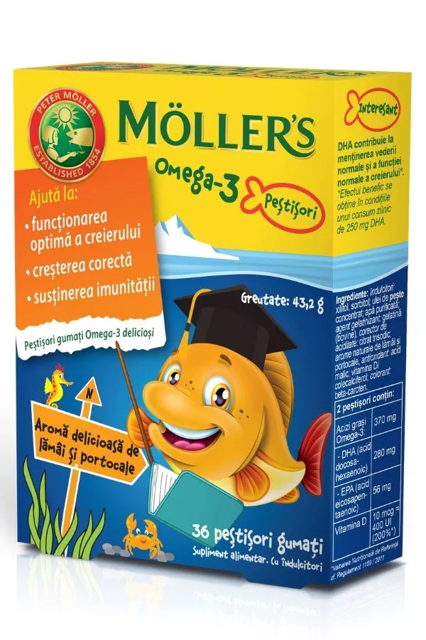 Moller's Pestisori gumati cu Omega-3 aroma de lamai și portocale, 36 jeleuri, [],farmaciamare.ro
