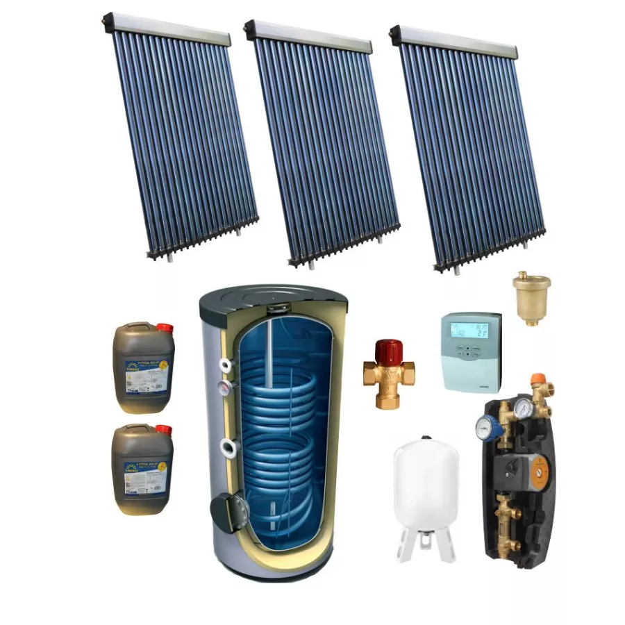 Panouri solare cu boiler in casa - Pachet Panosol Confort panou solar 60 tuburi vidate cu boiler bivalent 500 litri, climasoft.ro