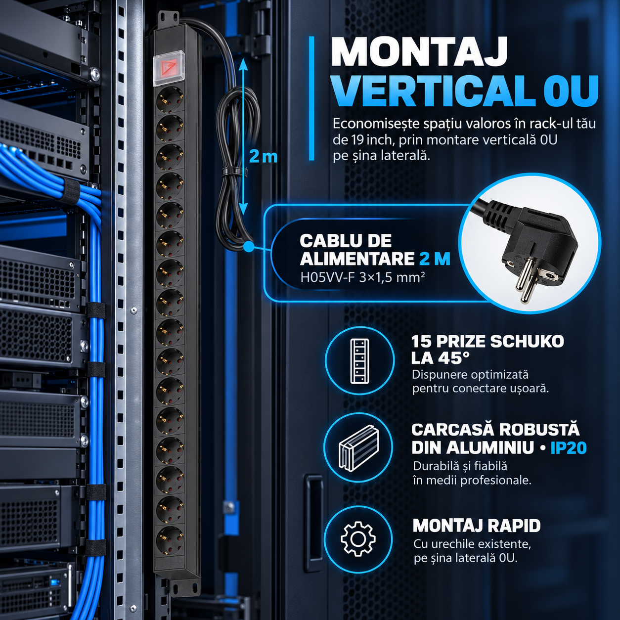 PDU Emtex PDU15K montat vertical 0U in rack