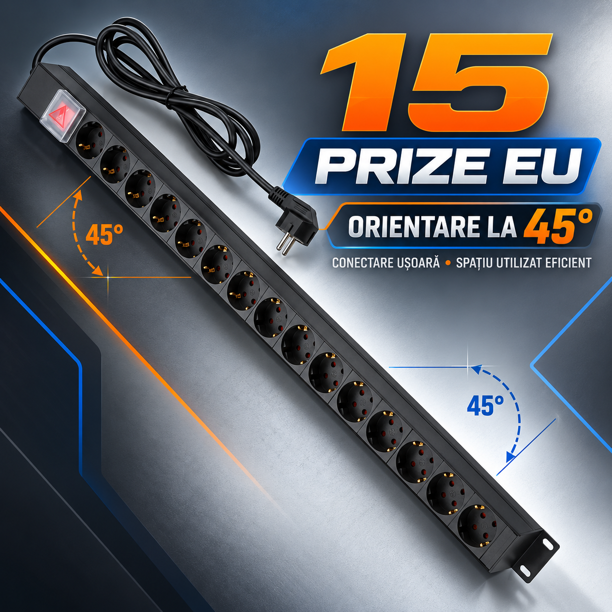 PDU Emtex cu 15 prize Schuko orientate la 45 grade