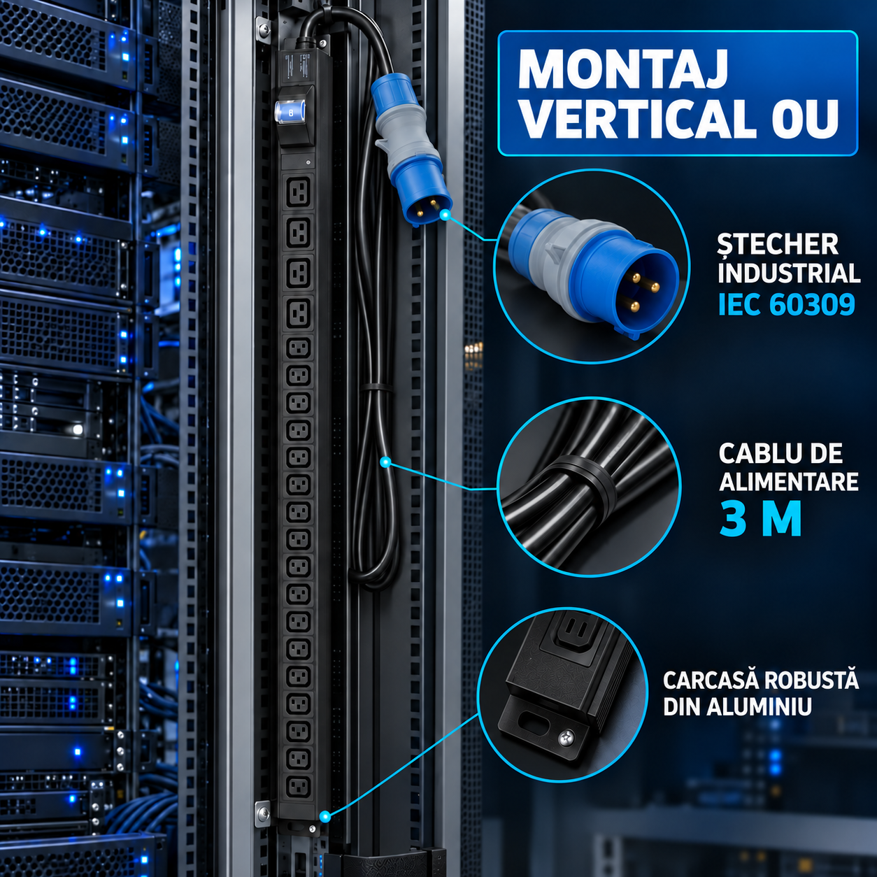 PDU Emtex montat vertical 0U cu stecher IEC 60309 si cablu 3 m