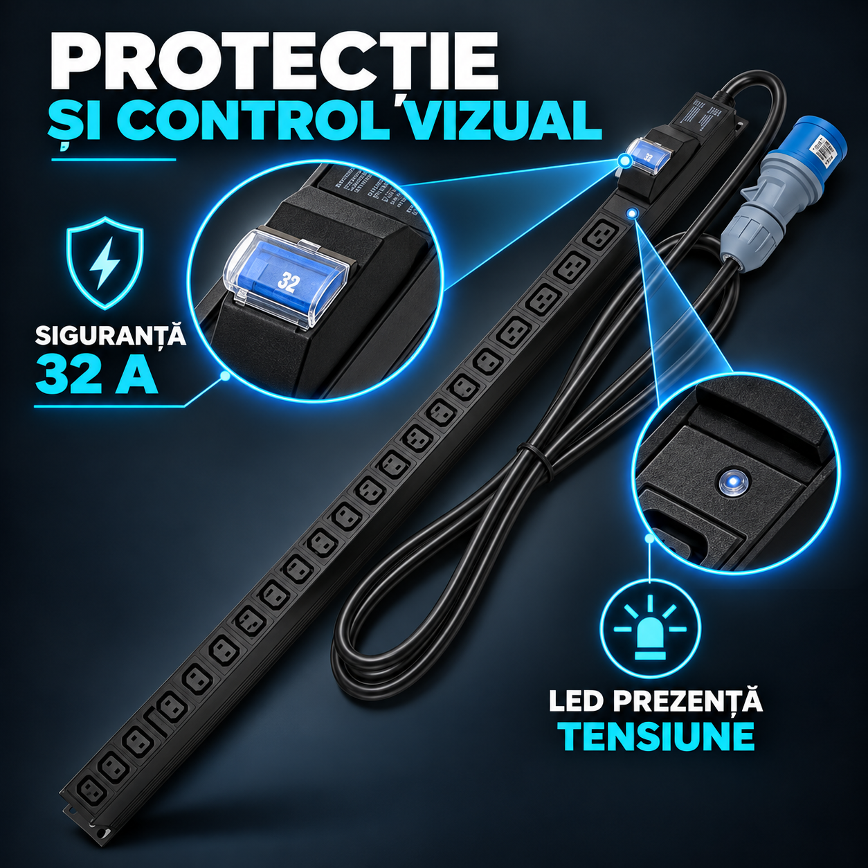 Siguranta automata 32A si LED prezenta tensiune PDU Emtex