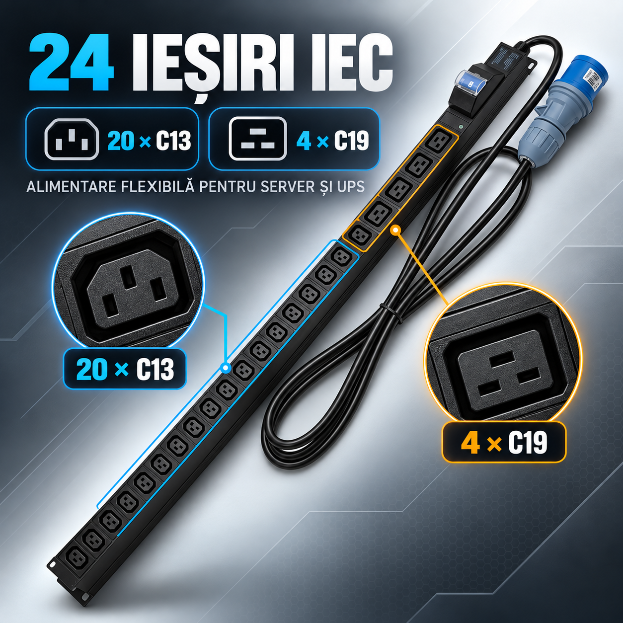 PDU Emtex cu 20 iesiri IEC C13 si 4 iesiri IEC C19