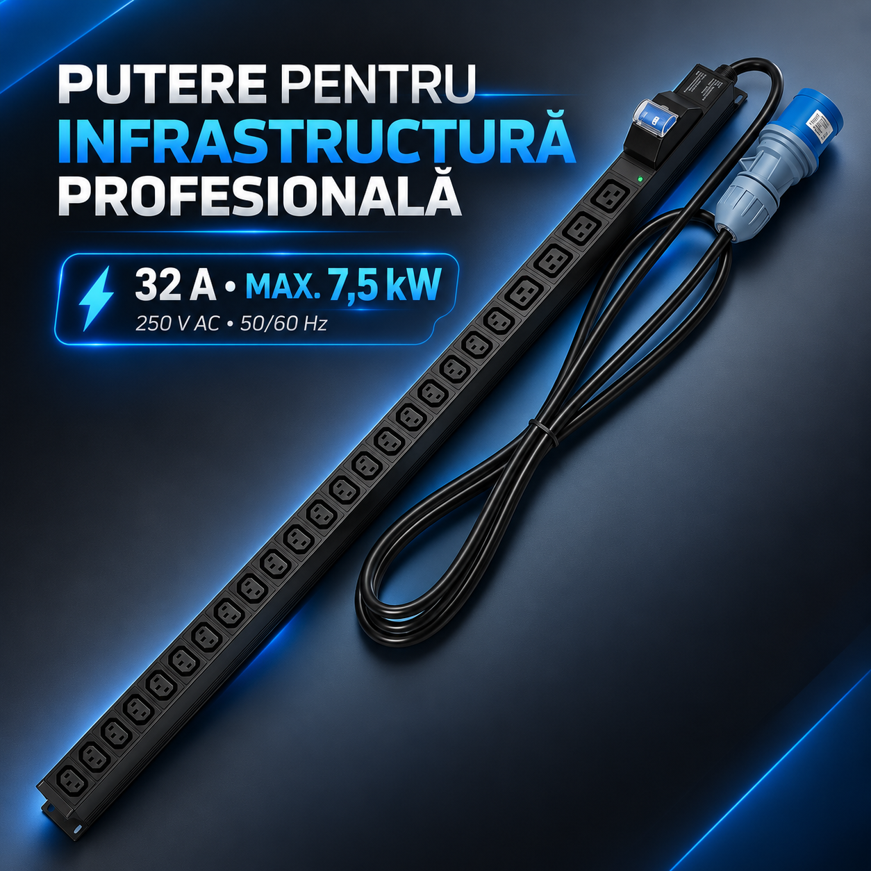 PDU Emtex 32A putere maxima 7,5 kW pentru infrastructura profesionala