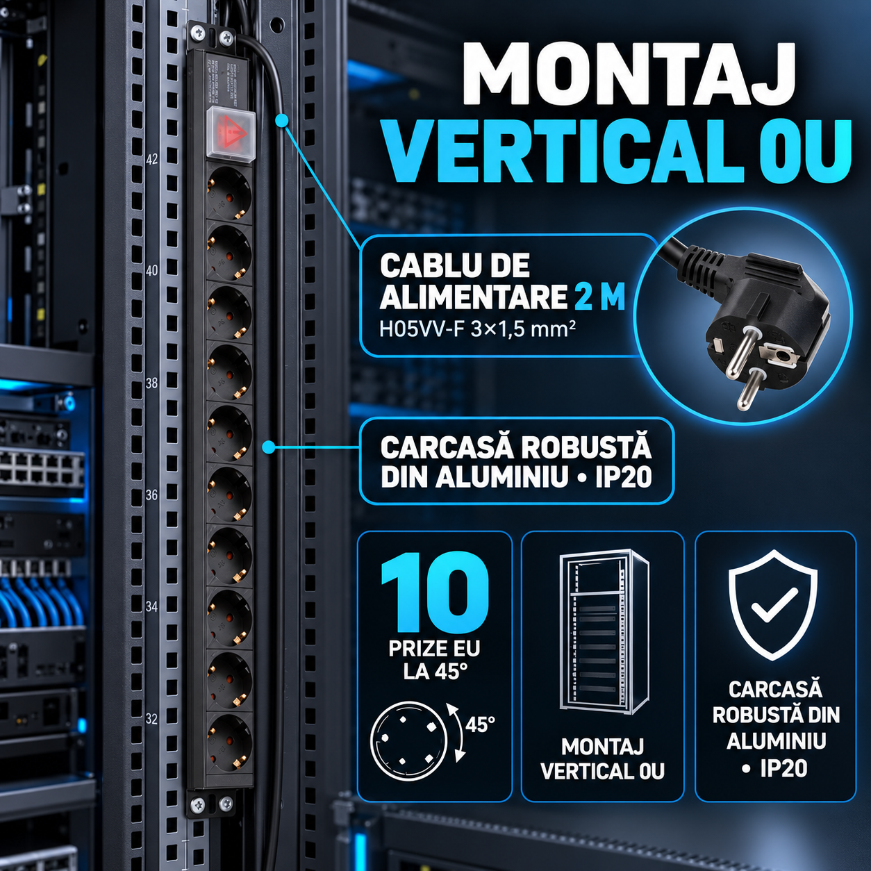 PDU Emtex cu 10 prize montat vertical 0U in rack 19 inch