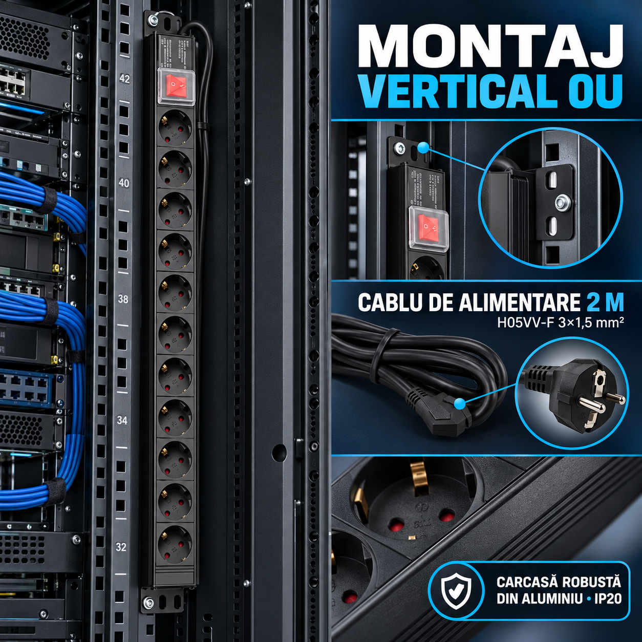 PDU Emtex PDU12K montat vertical 0U intr-un rack