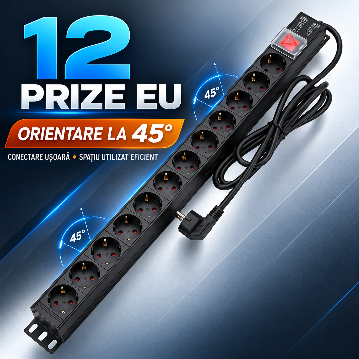 PDU Emtex cu 12 prize Schuko orientate la 45 grade