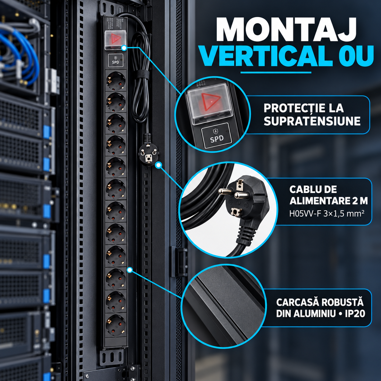 PDU Emtex PDU12PK montat vertical 0U in rack