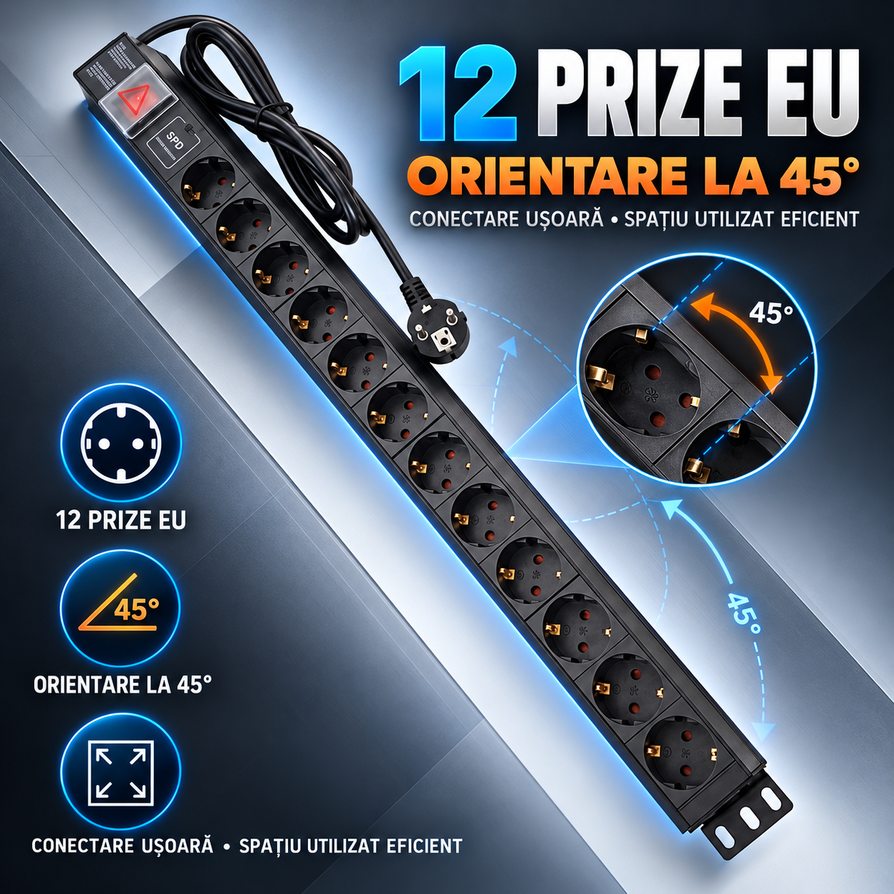PDU Emtex cu 12 prize Schuko orientate la 45 grade