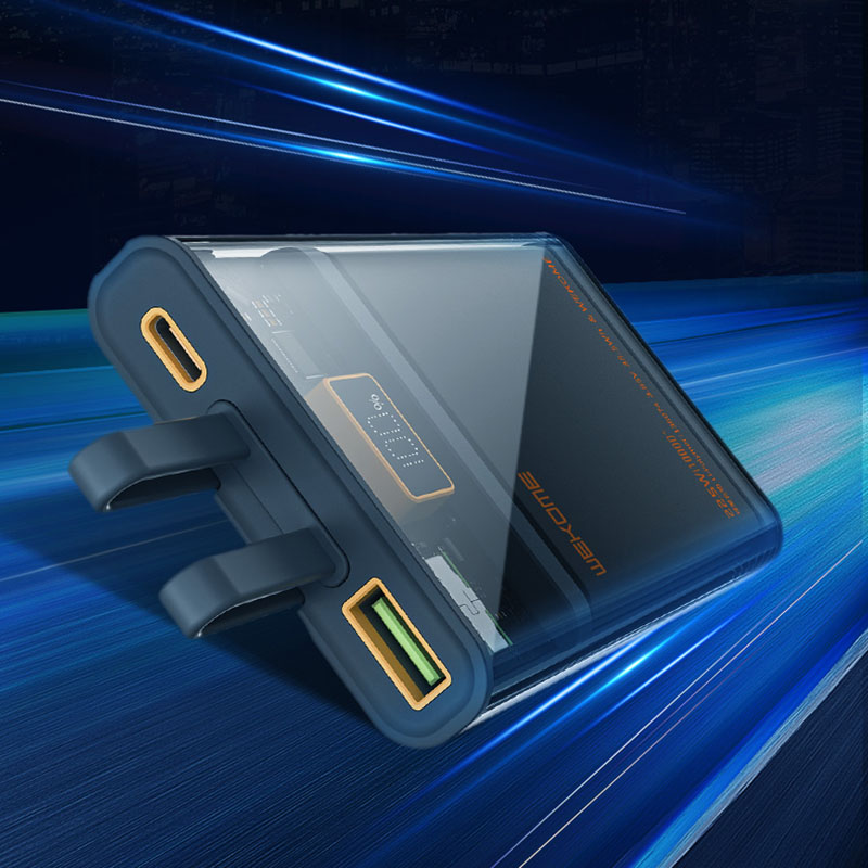 WEKOME WP-323 Vanguard Series - Power bank 10000 mAh Super Charging cu cablu USB-C & Lightning integrat PD 20W + QC 22.5W (Negru / Transparent)