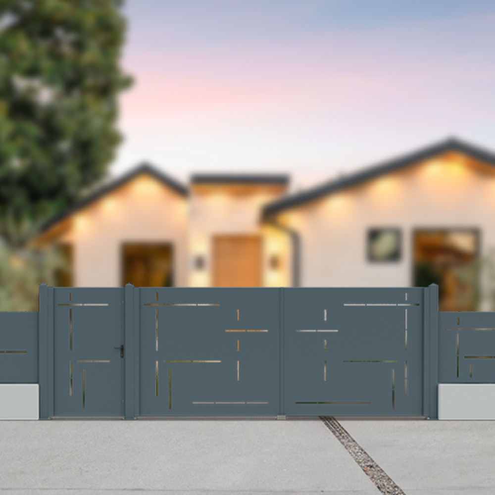 Pachet promo LaserTru, model Vicalvi, poarta pietonala, poarta auto batanta,  5 panouri de gard H=1m pentru soclu din beton, L=15,7m