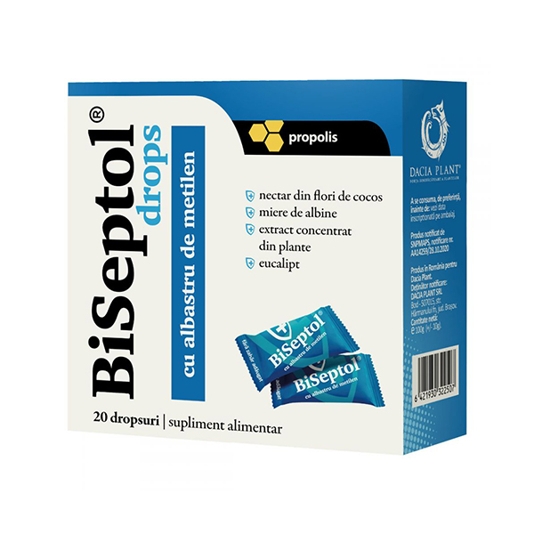 Răceală, gripă și tuse - Biseptol dropsuri cu albastru de metilen, 20 bucati, Dacia Plant, farmaciamare.ro