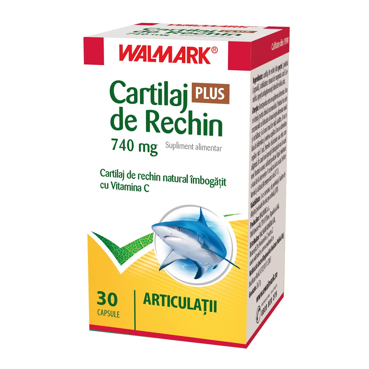 Oase, mușchi și articulații - Cartilaj de Rechin Plus 740 mg cu Vitamina C, 30 capsule, Walmark, farmaciamare.ro