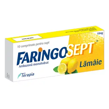 Răceală, gripă, tuse - Faringosept 10mg, aroma de lamaie, 10 comprimate, Terapia, farmaciamare.ro