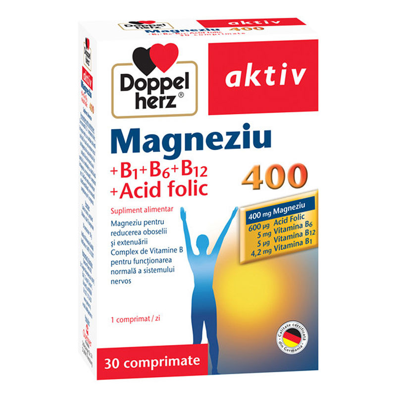 Tonice generale - Magneziu 400 + B1 + B6 + B12 + Acid Folic, 30 comprimate, Doppelherz, farmaciamare.ro