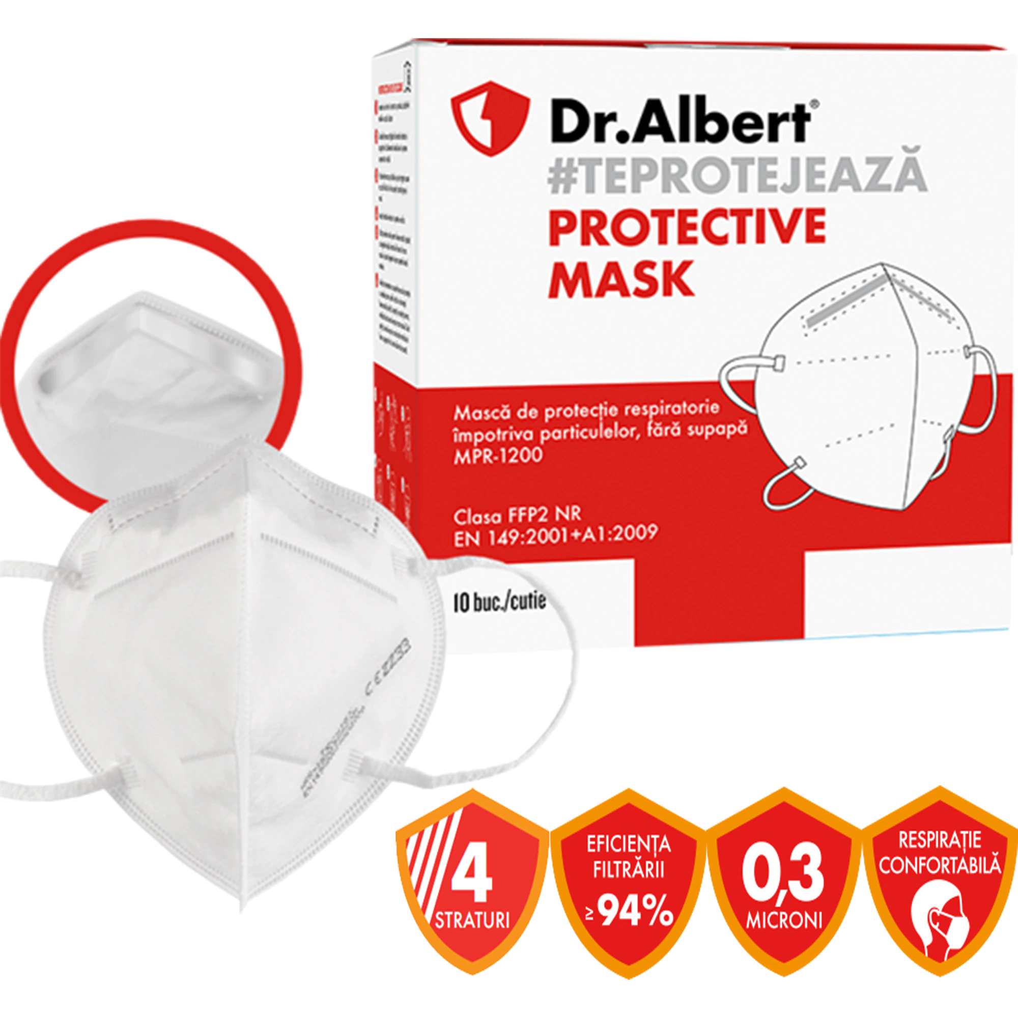 Măști de protecție - Masca de protectie de tip FFP2, 10 bucati, Dr.Albert, farmaciamare.ro