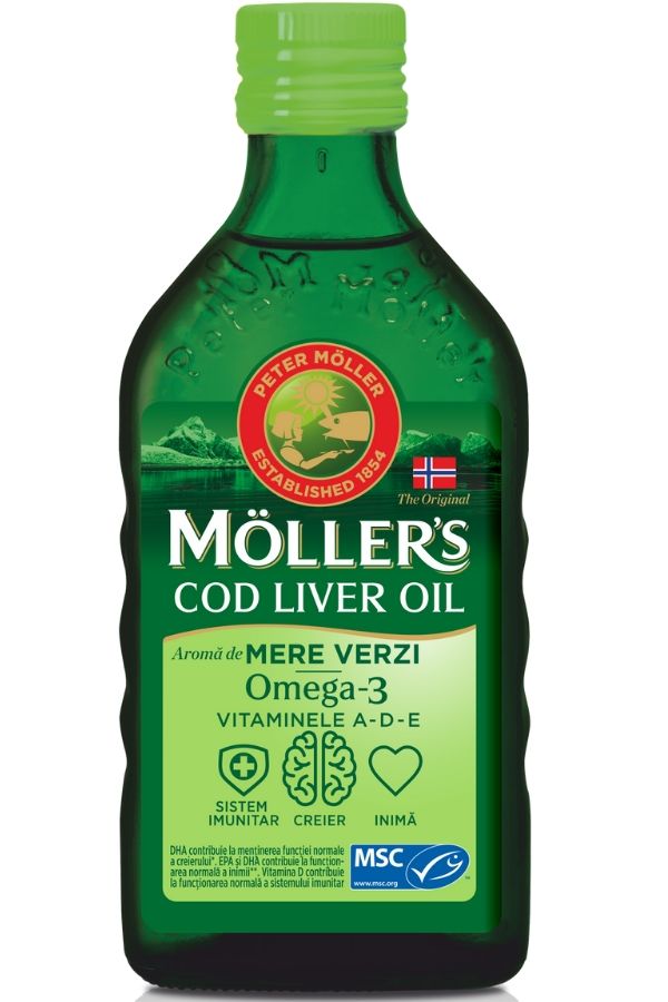 Multivitamine și minerale - Moller’s Ulei din ficat de cod Omega-3 aroma de mere verzi, 250 ml, farmaciamare.ro