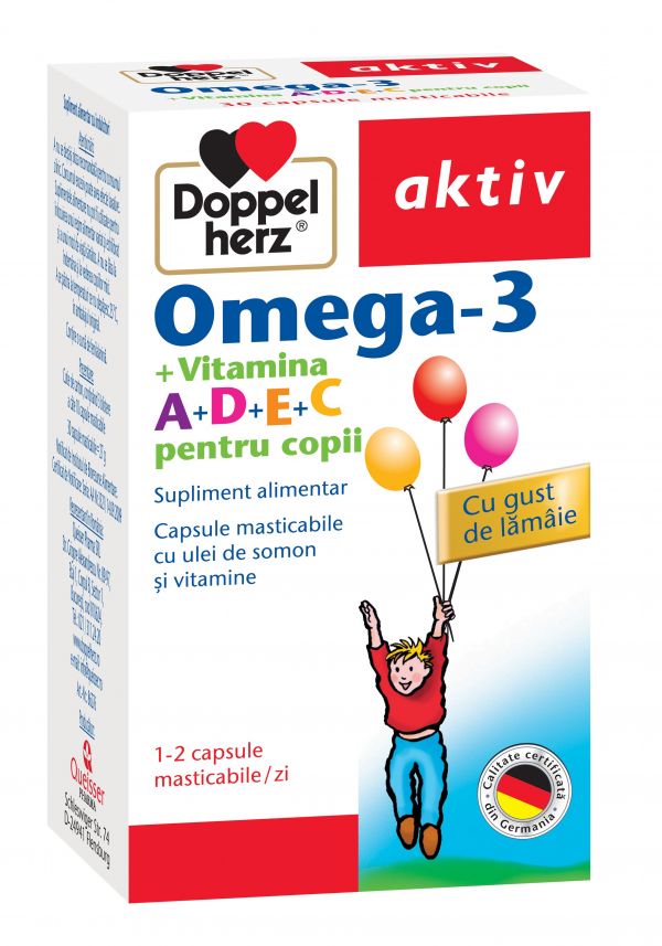 Sănătatea copiilor - Omega 3 + Vitamina A + D + E + C pentru copii, 30 capsule masticabile, Doppelherz, farmaciamare.ro