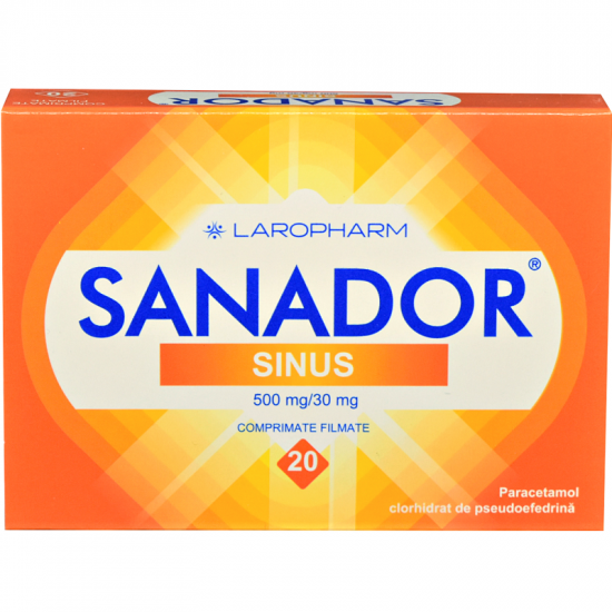 Răceală, gripă, tuse - Sanador Sinus 500mg/30mg, 20 comprimate, Laropharm, farmaciamare.ro