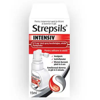 Răceală, gripă, tuse - Strepsils Intensiv spray bucofaringian, 8,75mg/doza, 15 ml, Reckitt Benckiser, farmaciamare.ro